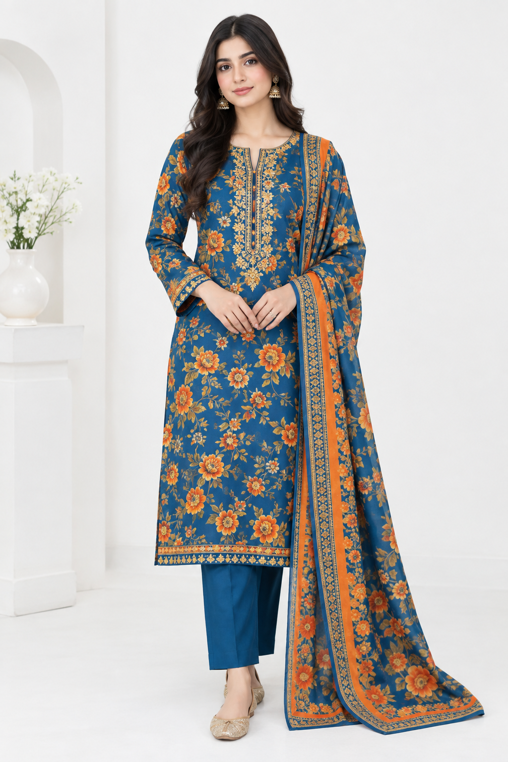 Model wearing Blue & Orange Floral Lawn Suit
