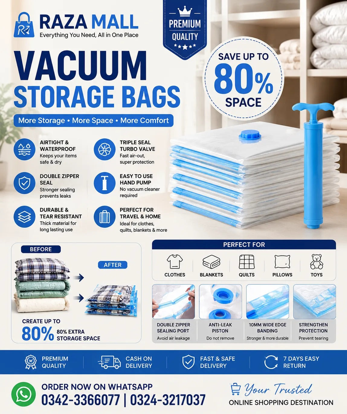 Vacuum Storage Bags with Hand Pump – Save Up to 80% Space