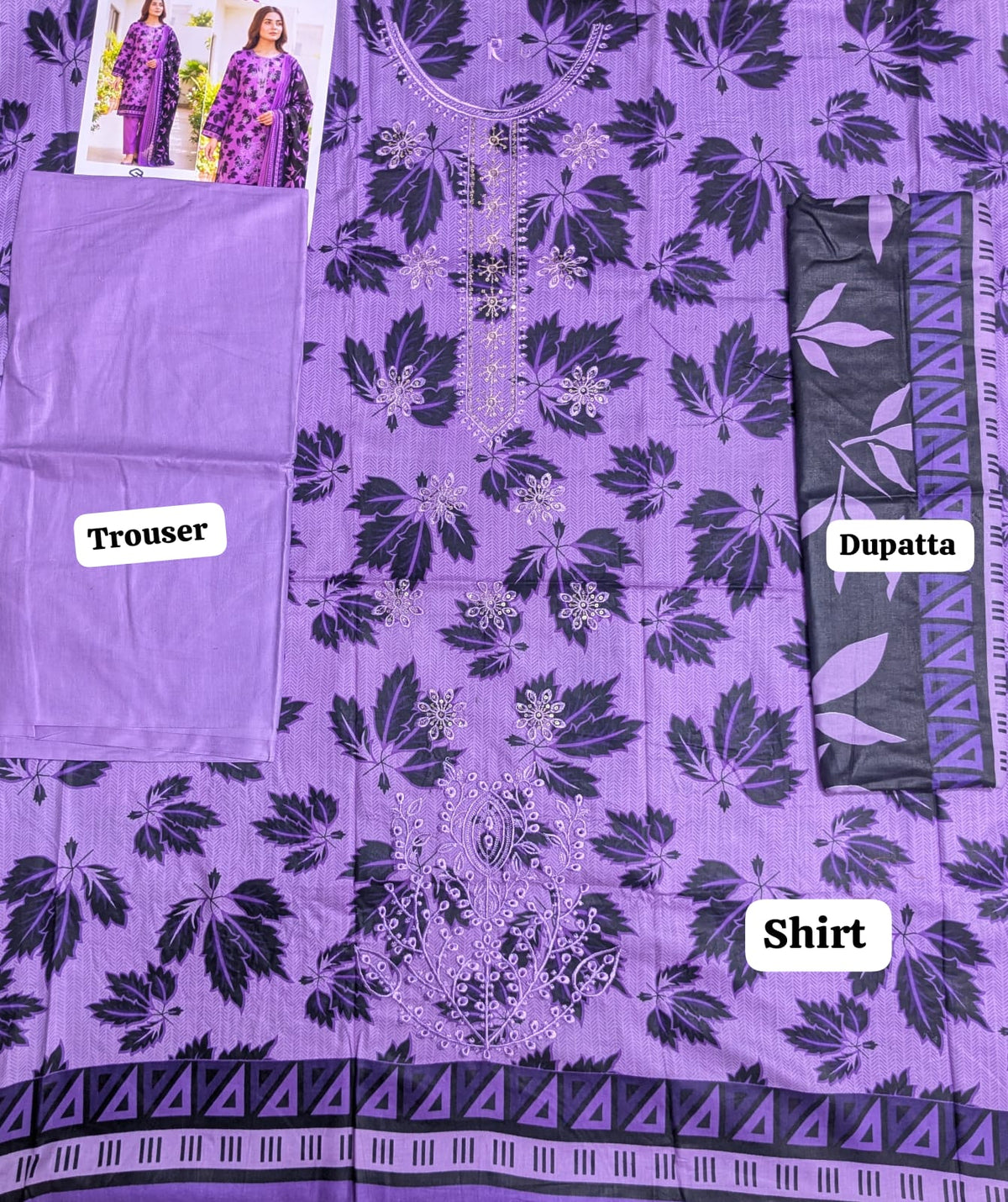 Purple 3-Piece Printed Lawn Suit – Flat lay showing shirt, trouser and dupatta