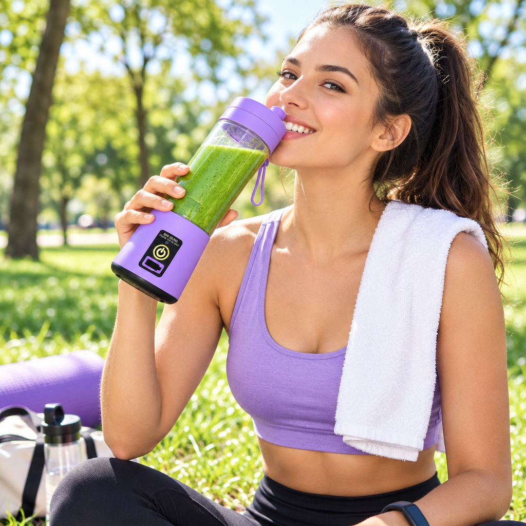Woman drinking smoothie from portable rechargeable blender bottle outdoors
