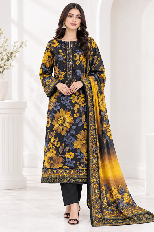 Model wearing IZNiK Black & Yellow Sunflower Lawn Suit