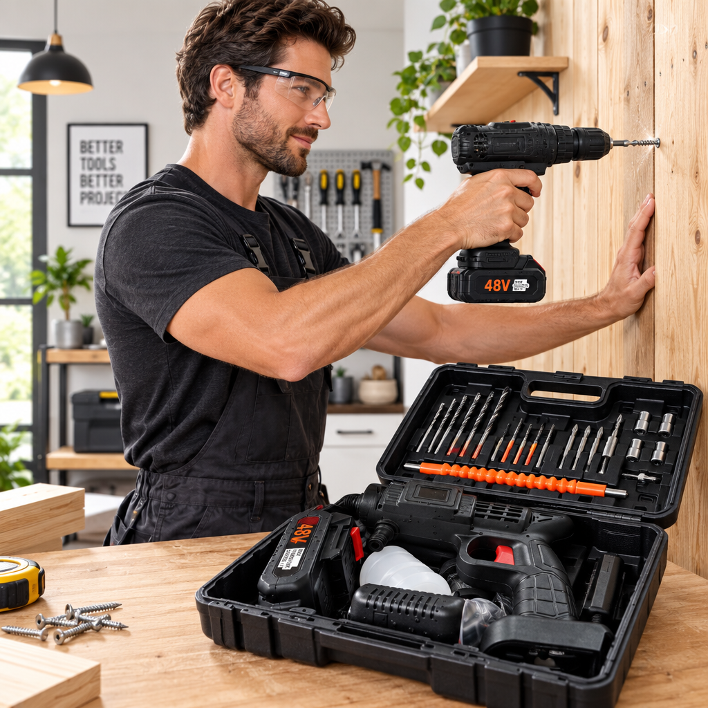 Man using 48V Cordless Power Drill in home workshop