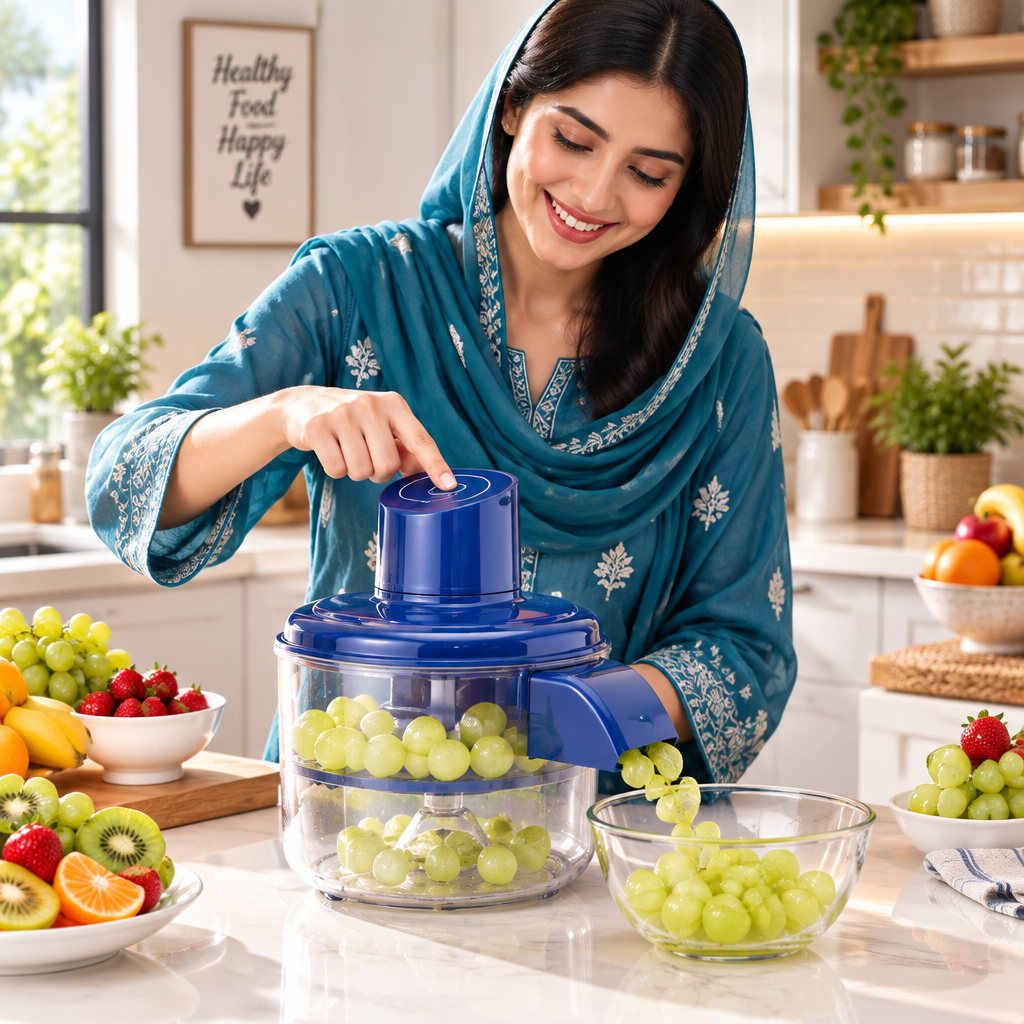 Woman using automatic electric fruit peeler in modern kitchen
