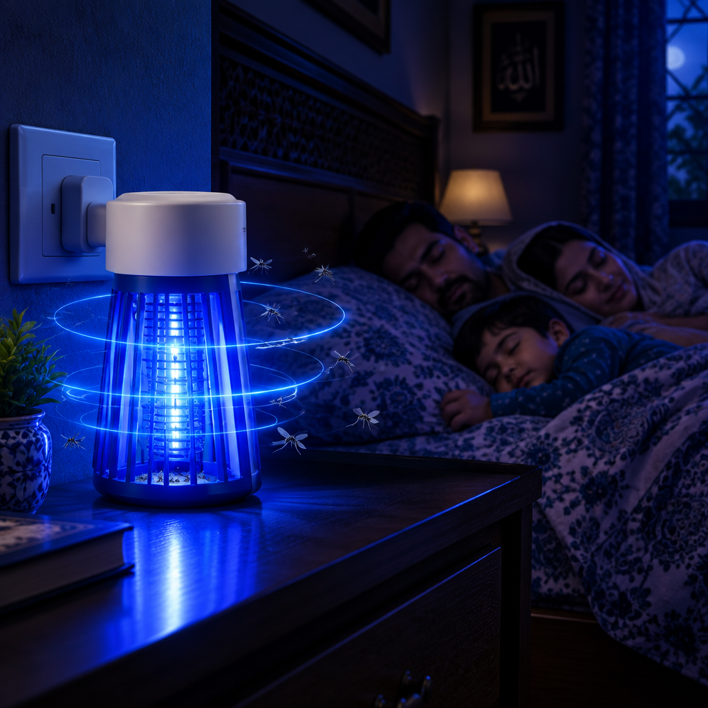 Electric UV Mosquito Killer Lamp glowing blue in bedroom at night