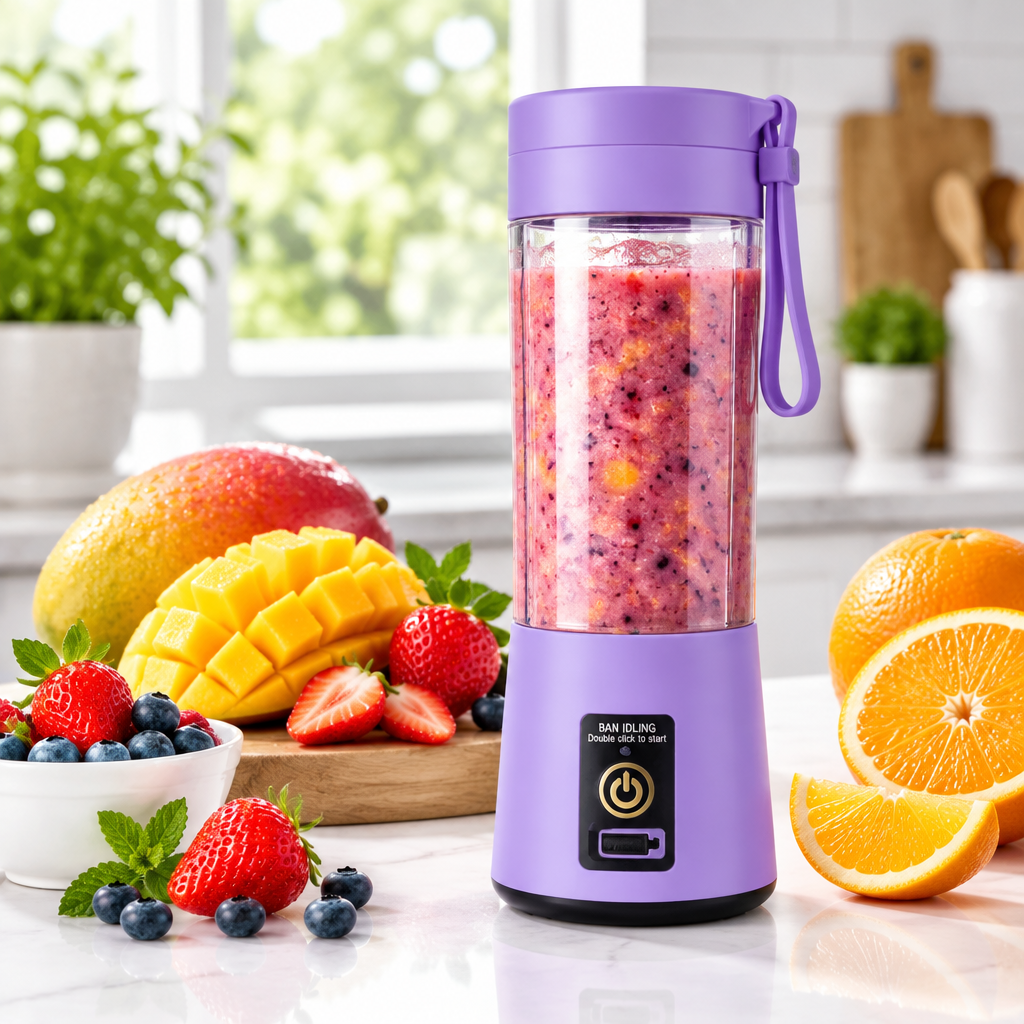 Purple portable juice blender with fresh fruits on kitchen counter