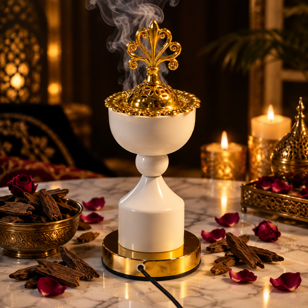 Luxury Electric Bakhoor Incense Burner with smoke on marble surface