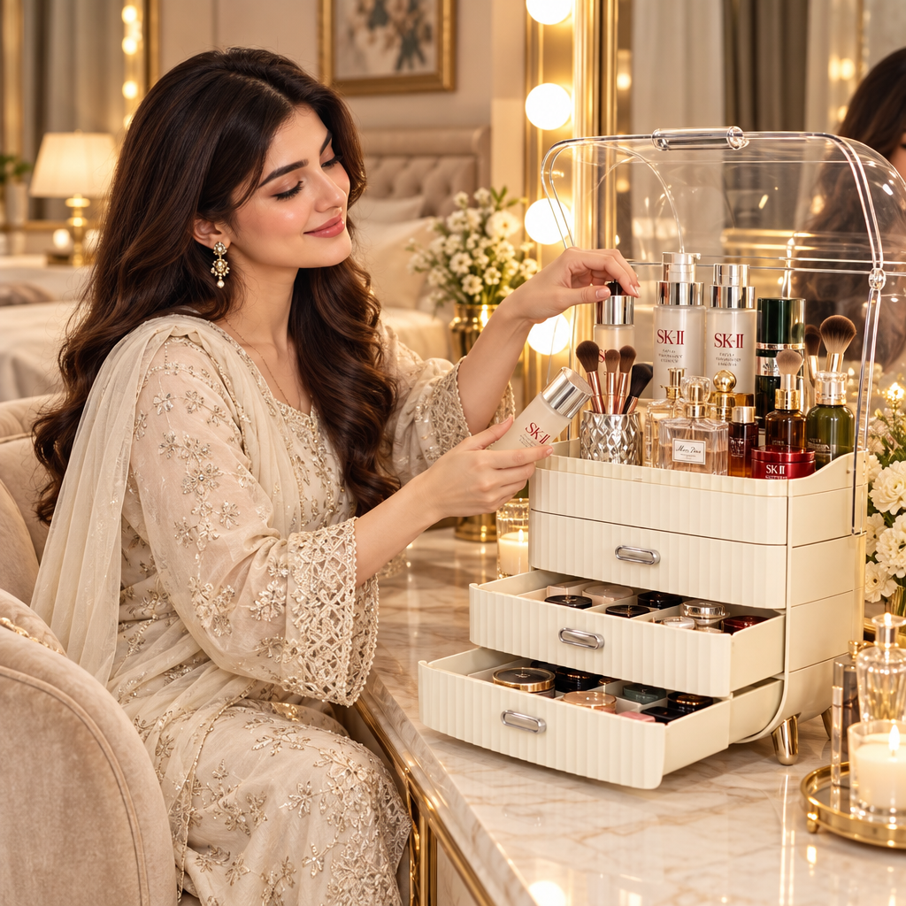 Woman organizing skincare in Luxury Makeup Organizer at vanity table