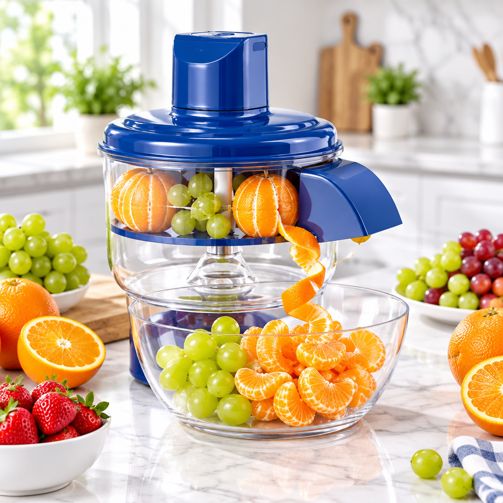 Automatic electric fruit peeler with fresh fruits on kitchen counter