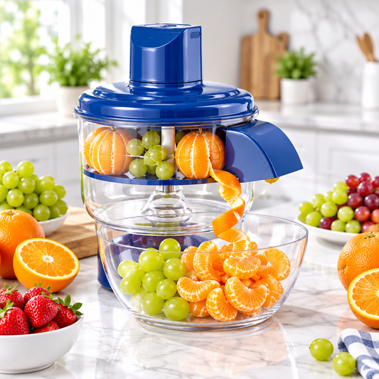 Automatic electric fruit peeler with fresh fruits on kitchen counter