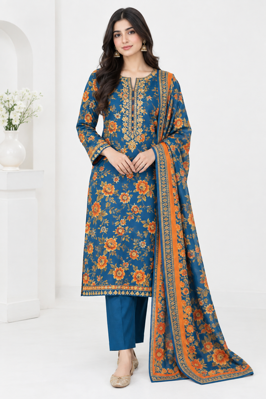 Model wearing Blue & Orange Floral Lawn Suit