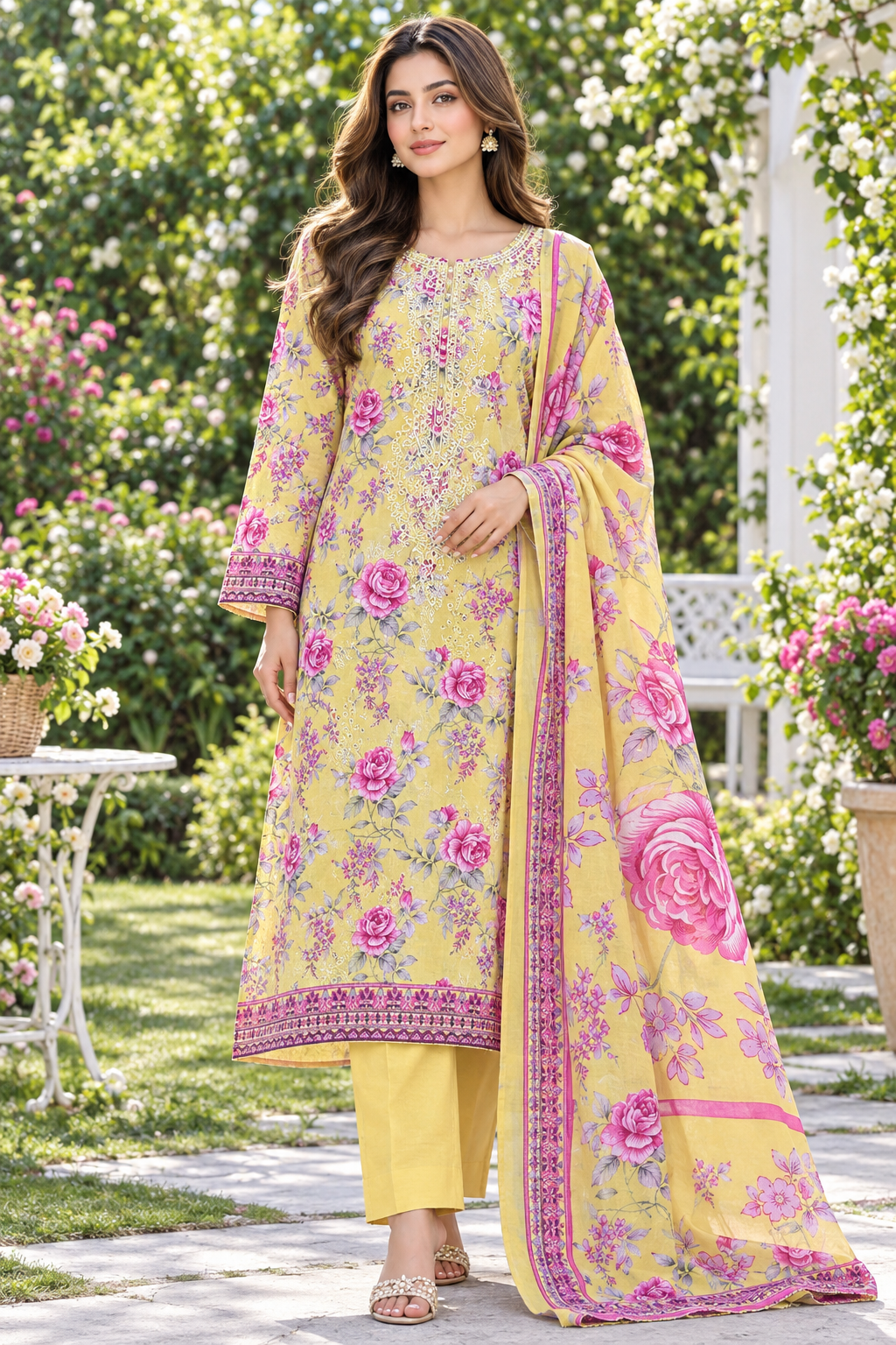 Model wearing Yellow Rose Floral Lawn Suit