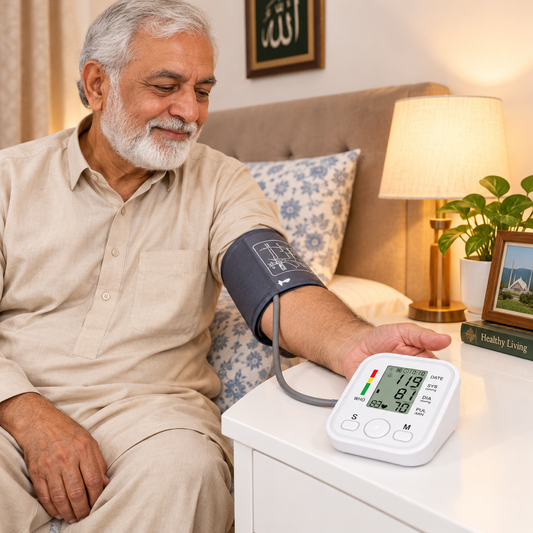 Elderly man measuring blood pressure at home