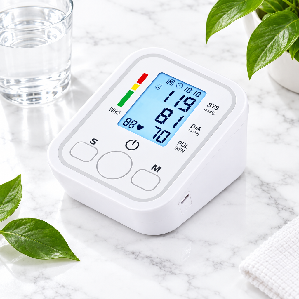 Digital blood pressure monitor on marble surface product shot
