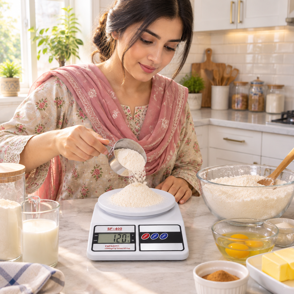 Woman using digital kitchen scale while baking