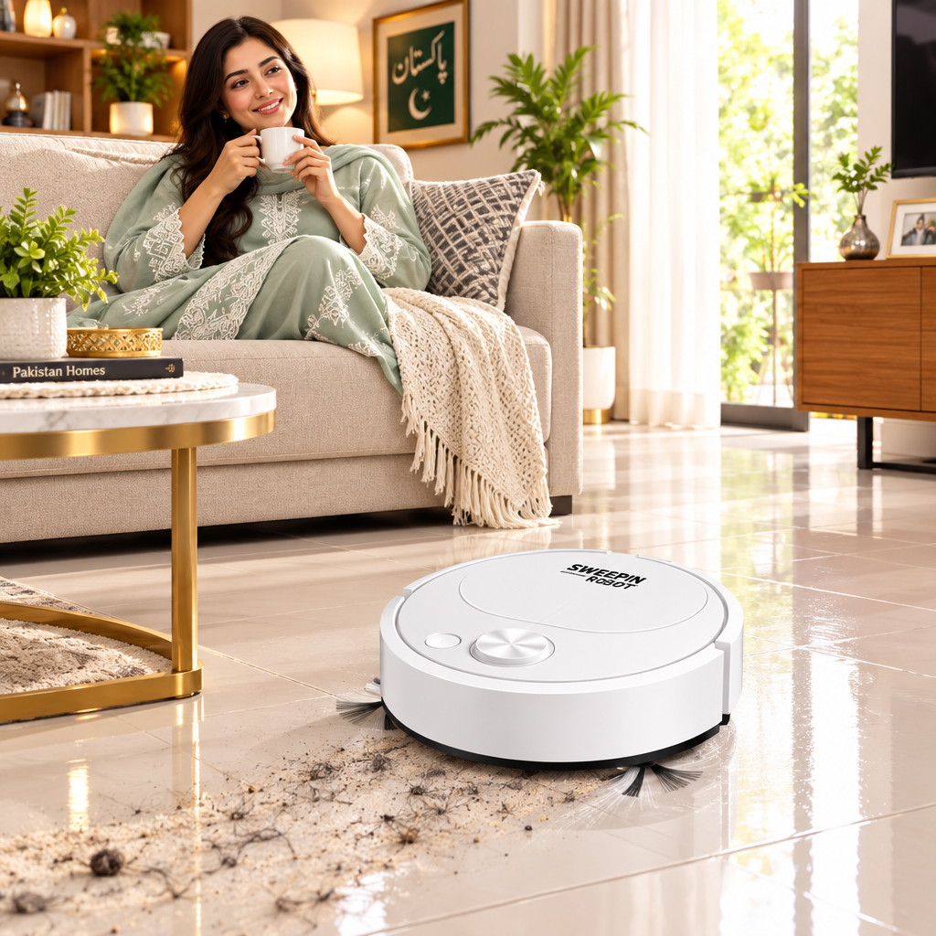 Woman relaxing while Smart Robot Vacuum cleans the floor
