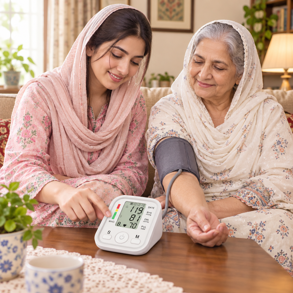 Daughter helping mother measure blood pressure at home