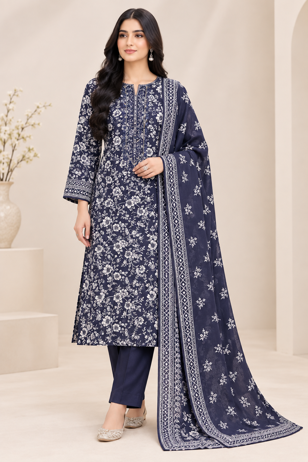 Navy Blue Floral Lawn Suit – Model Wearing