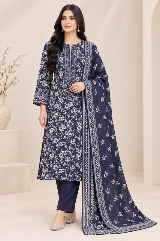 Navy Blue Floral Lawn Suit – Model Wearing
