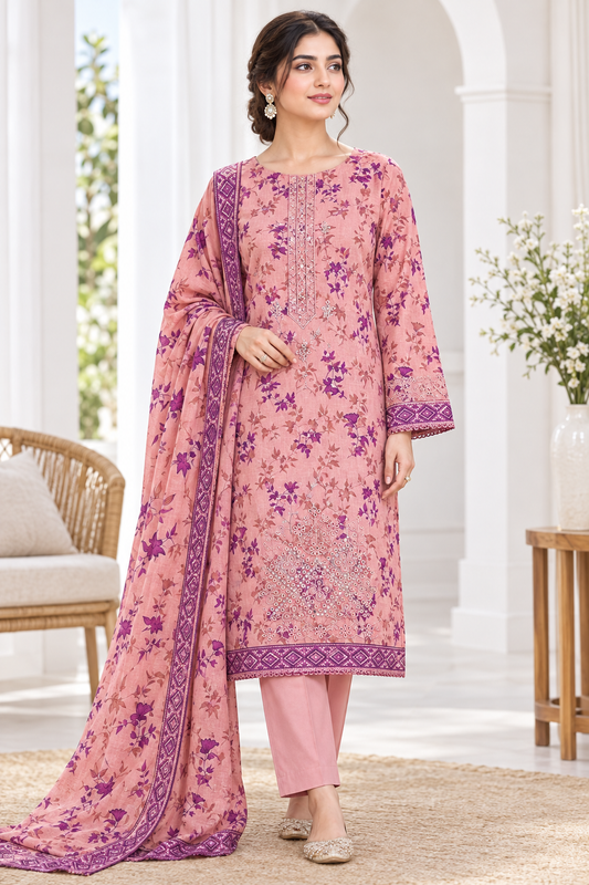Peach Floral Lawn Suit – Model Wearing